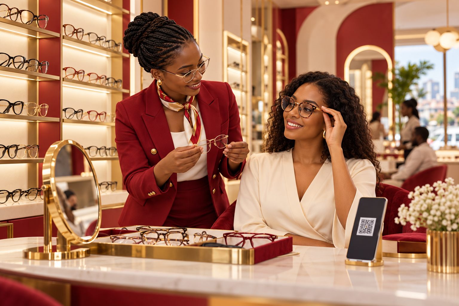 Un conseiller Diamond Optique accompagne une cliente en boutique